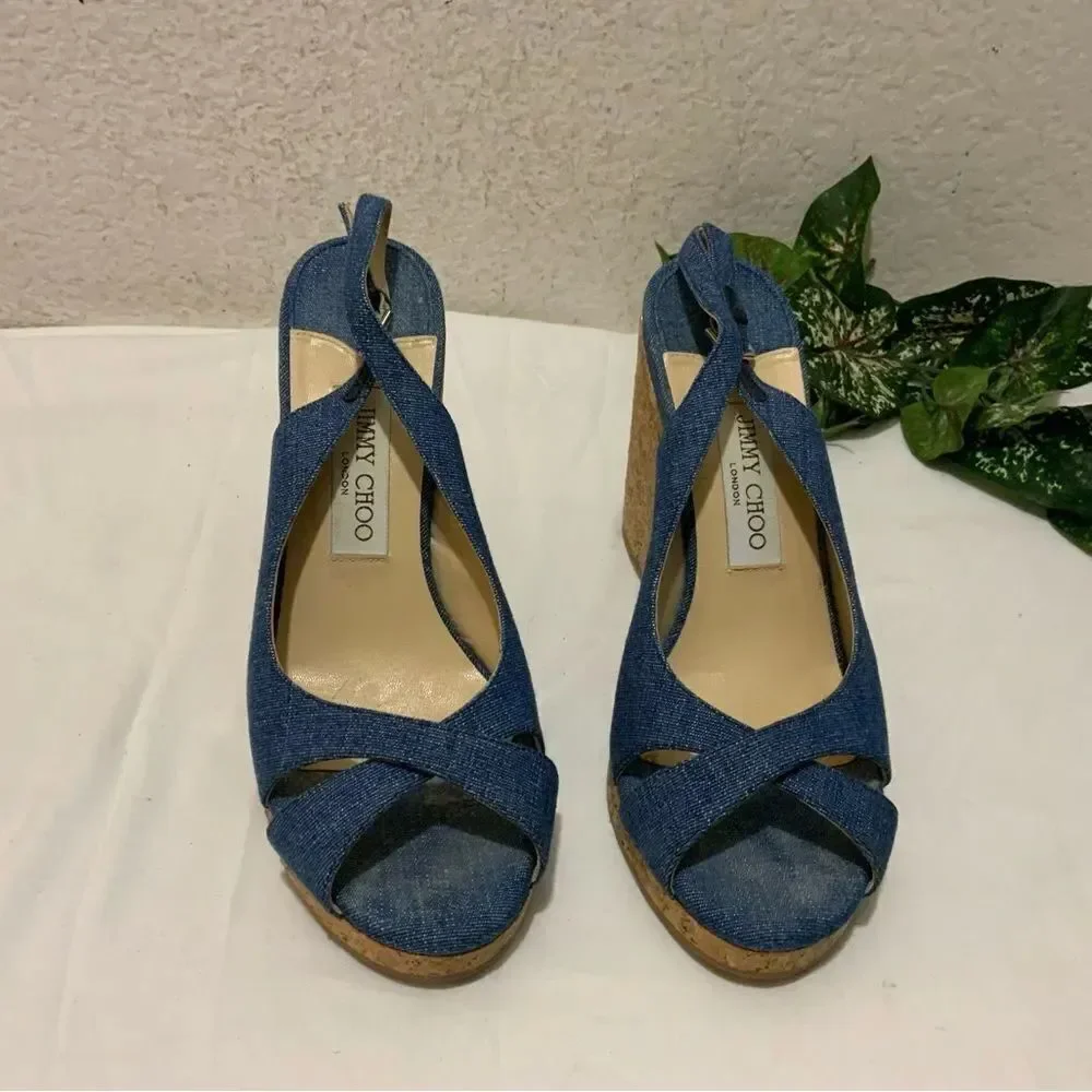 Jimmy Choo Amely 105 Slingback Sandals Denim Cork Wedges size 39.5